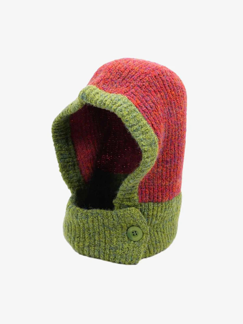 Chunky Knit Color-Block Balaclava with Button Closure