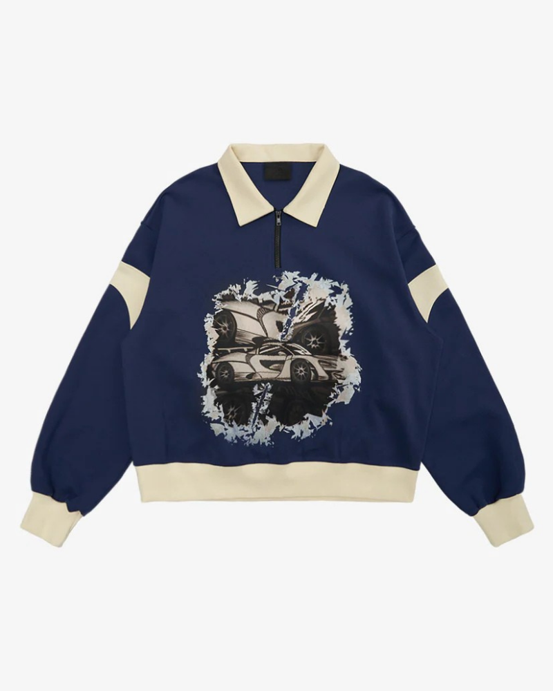 Navy Blue Quarter-Zip Sweatshirt with Collared Neckline and Car Graphic