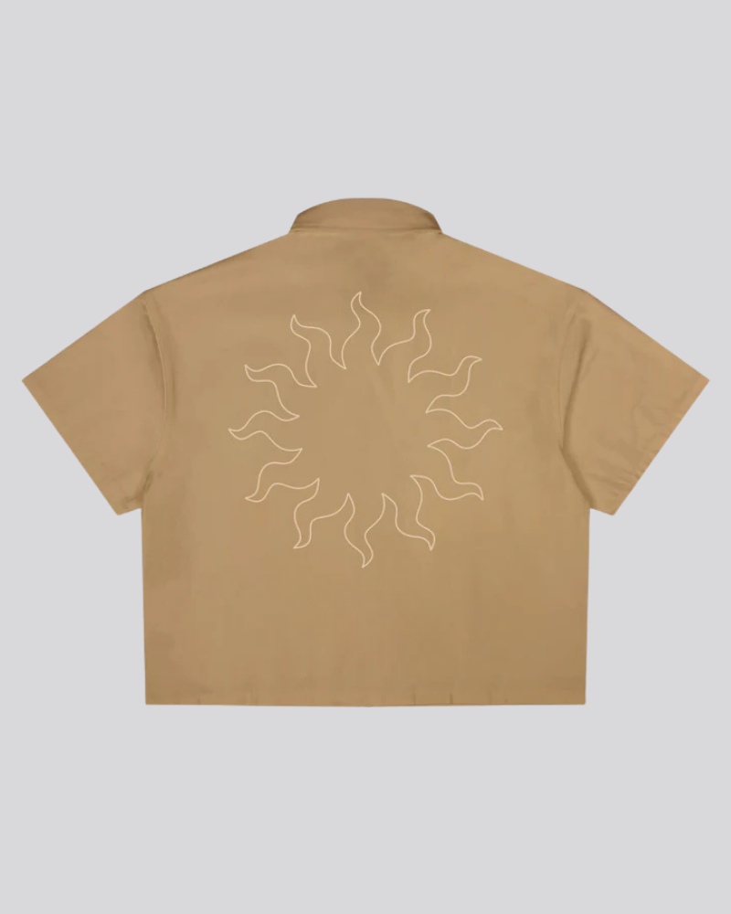 Heavyweight Short Sleeve Button-Up Overshirt with Back Embroidery - Tobacco