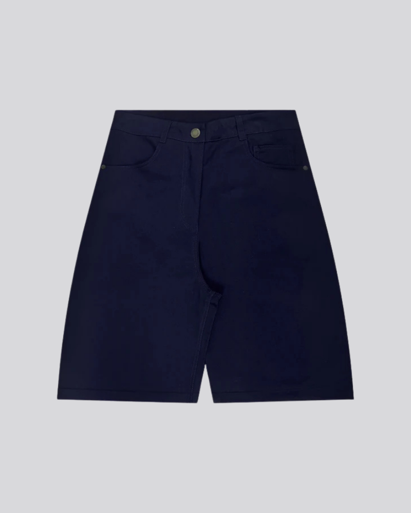 Navy Blue Straight-Leg Shorts with Five-Pocket Styling and Metallic Hardware