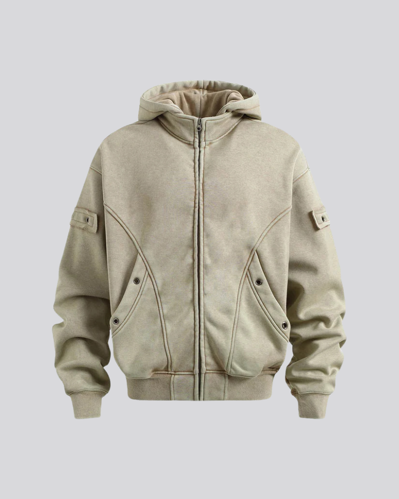 Beige Washed Zip-Up Hoodie with Utility Grommets and Distressed Seams