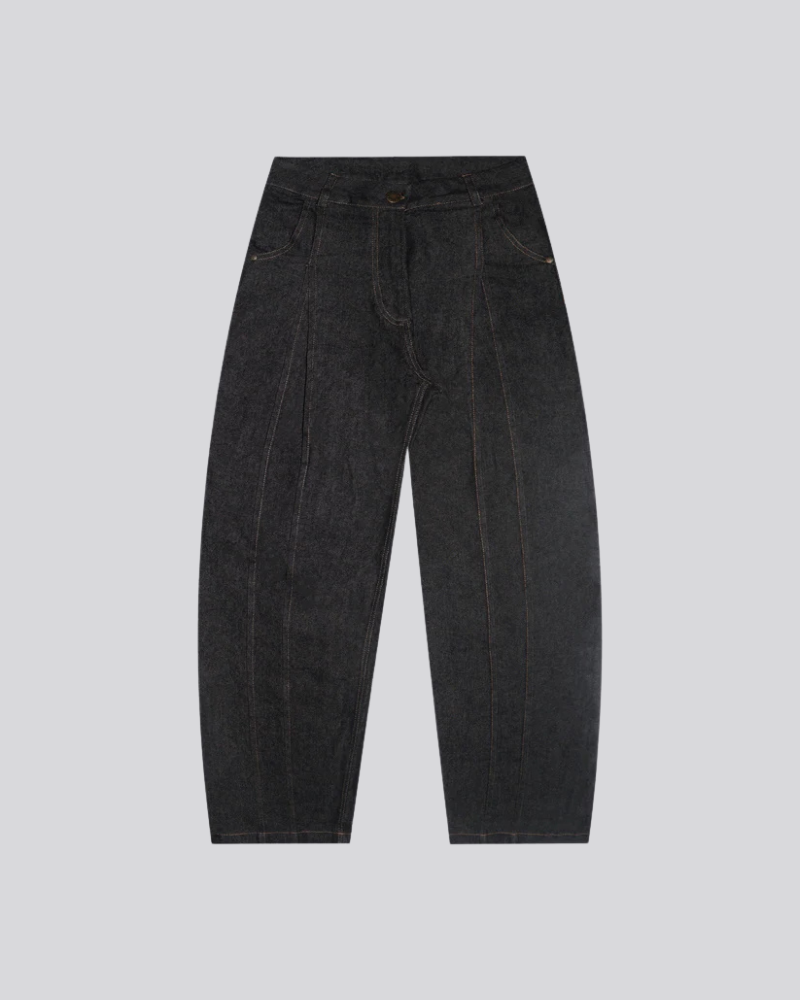 Wide Leg Dark Grey Denim Trousers with Vertical Seam Detail