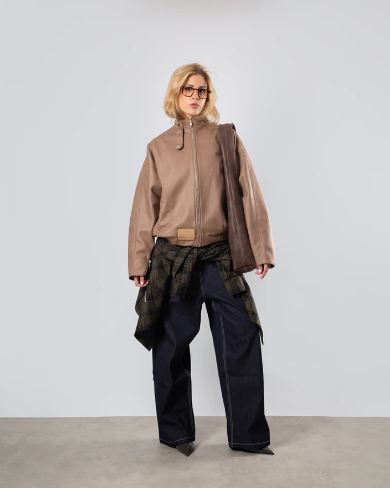 Women’s Cropped Vegan Leather Jacket with Pointed Collar – Tobacco