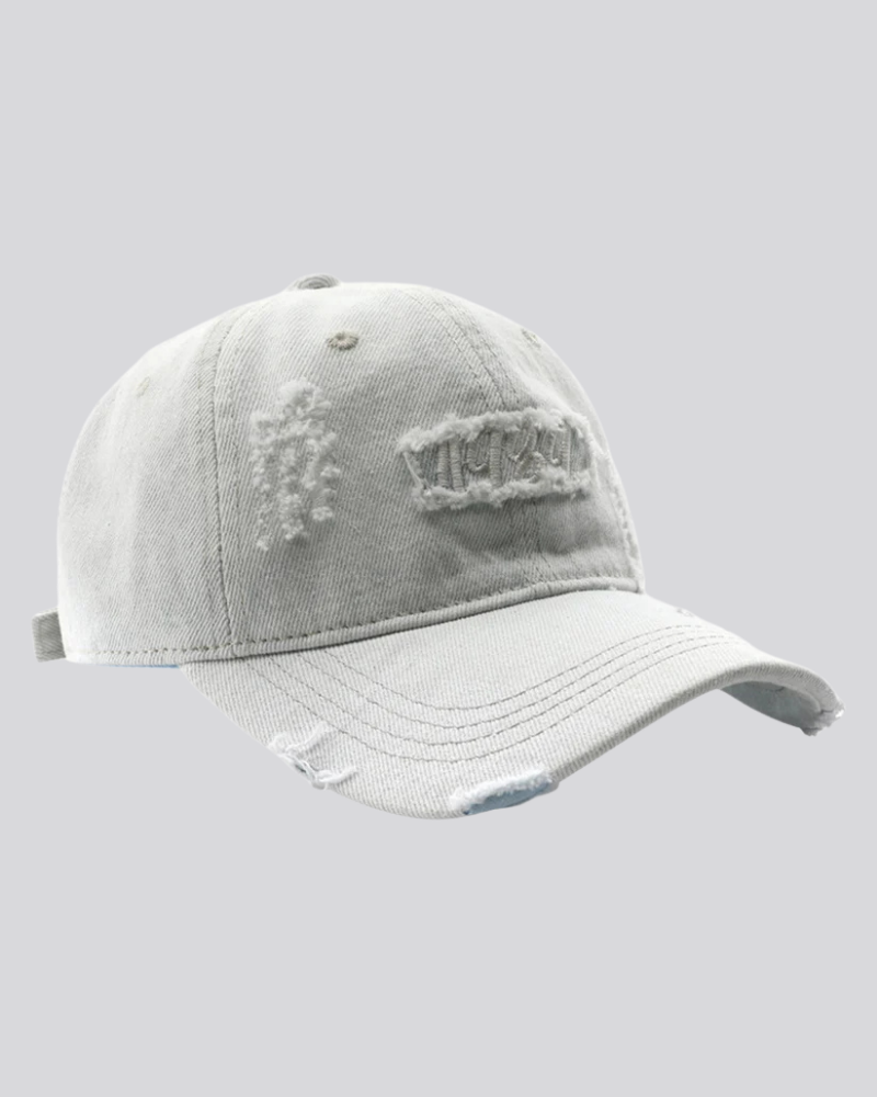 Distressed Denim Baseball Cap with 1989 Embroidered Patch