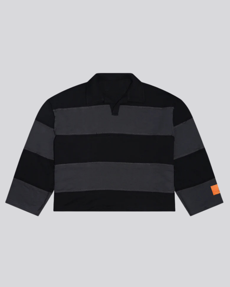 Black and Gray Striped Distressed Short-Sleeve Polo Shirt