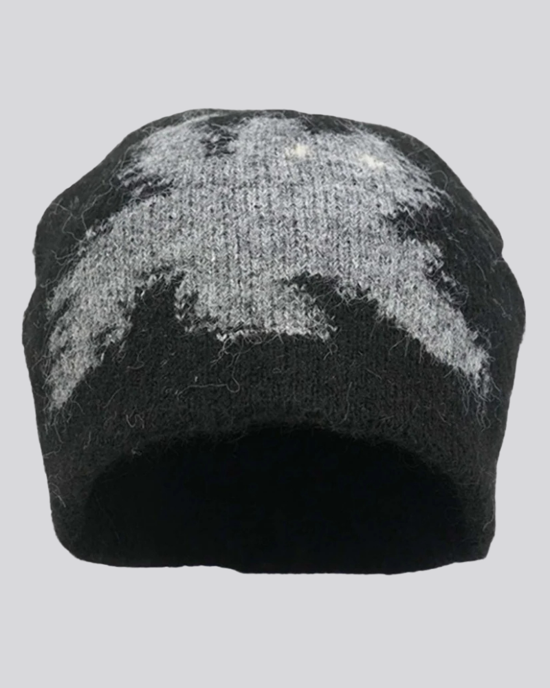Fuzzy Knit Beanie with Abstract Cat Graphic