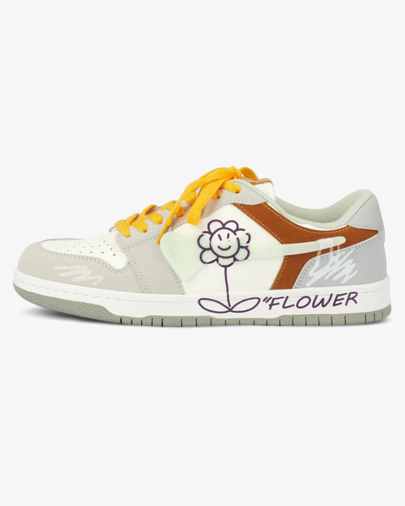 White and Grey Low-Top Sneakers with Purple Flower Graphic and Yellow Laces