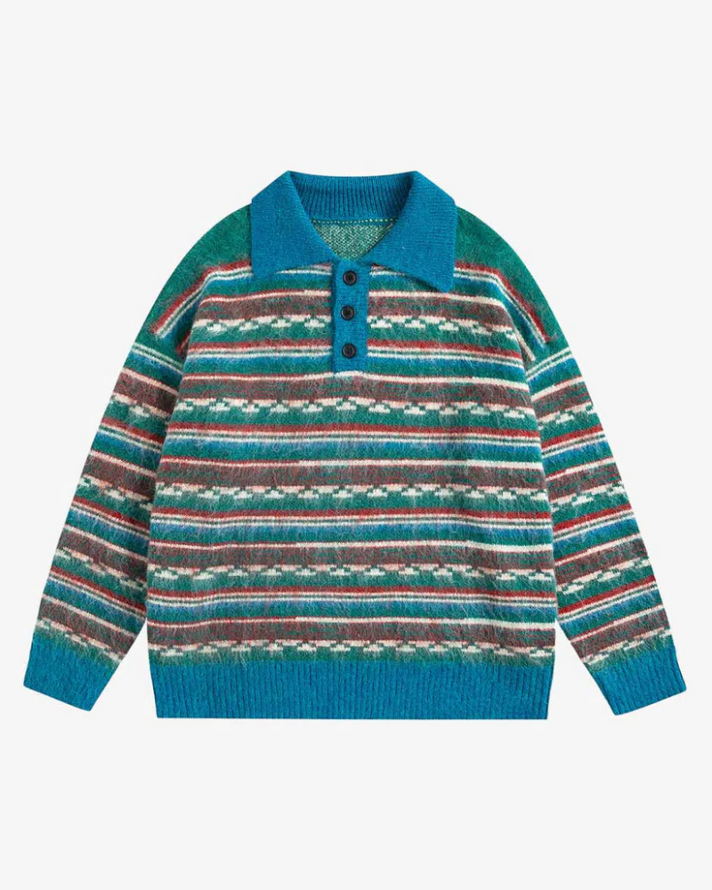 Blue and Cream Striped Jacquard Knit Polo Sweater