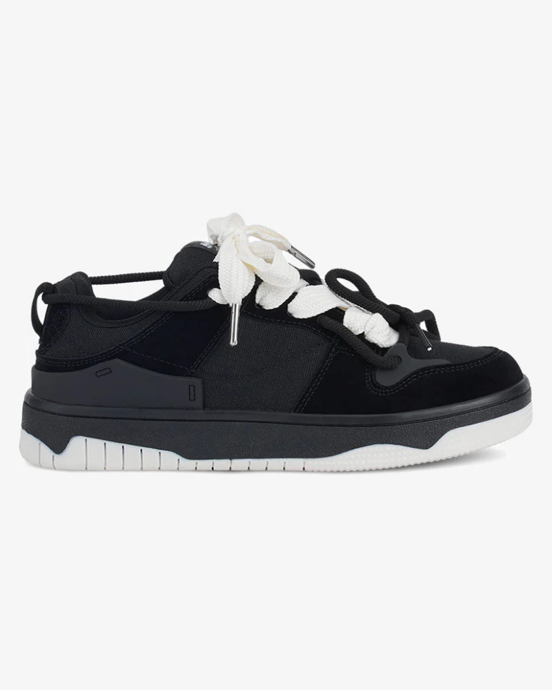 Low-Top Athletic Sneakers in Cream and Black with Reflective-Style Overlays