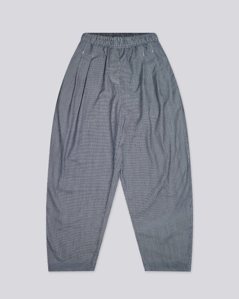 Midnight Blue and White Striped Poplin Baggy Pants with Pleated Front