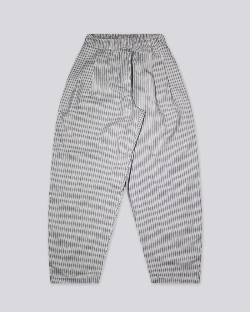 Light Gray and White Striped Poplin Baggy Pants with Pleated Front