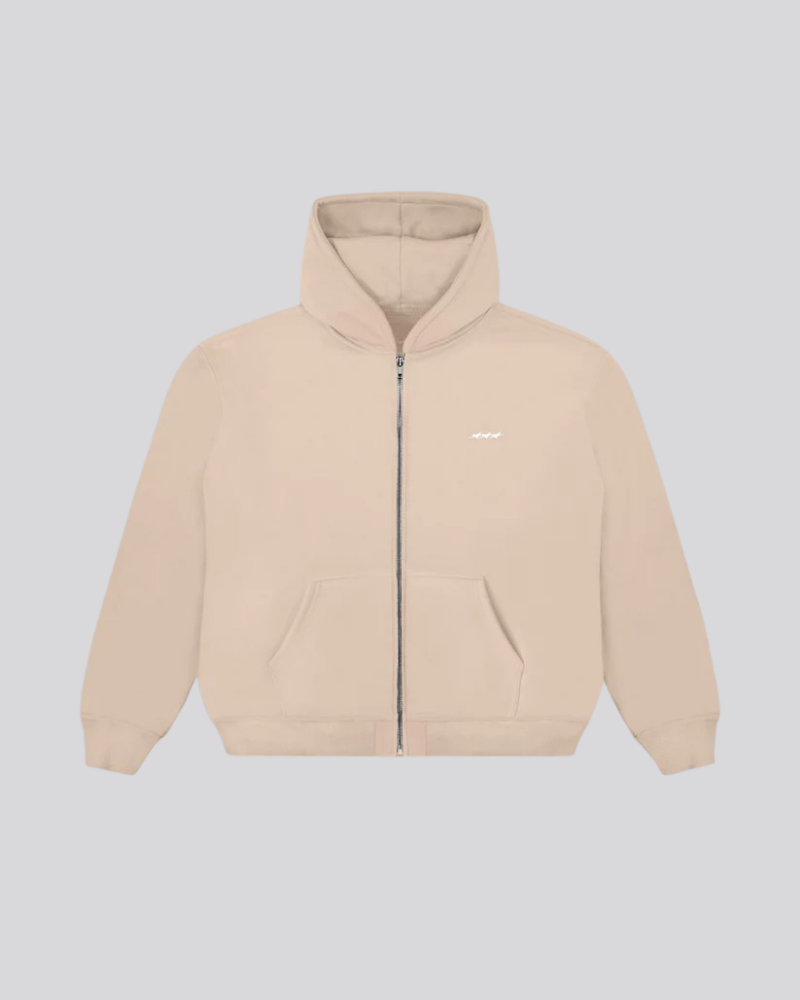 Beige Full-Zip Hooded Sweatshirt with Embroidered Chest Logo