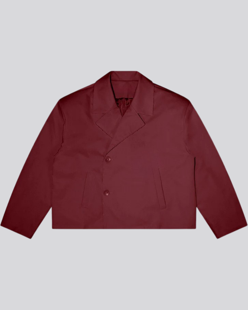 Maroon Cropped Trench Coat with Raw Hem and Double-Button Closure
