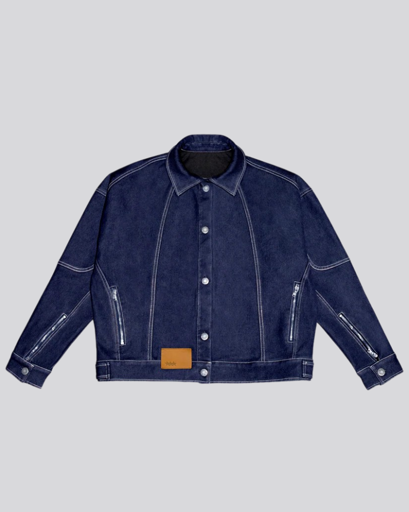 Heavyweight Dark Blue Denim Jacket with Contrast Stitching and Zipper Pockets
