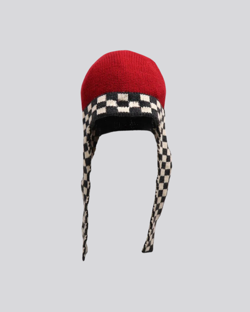 Red Knit Beanie with Checkerboard Earflaps and Long Ties