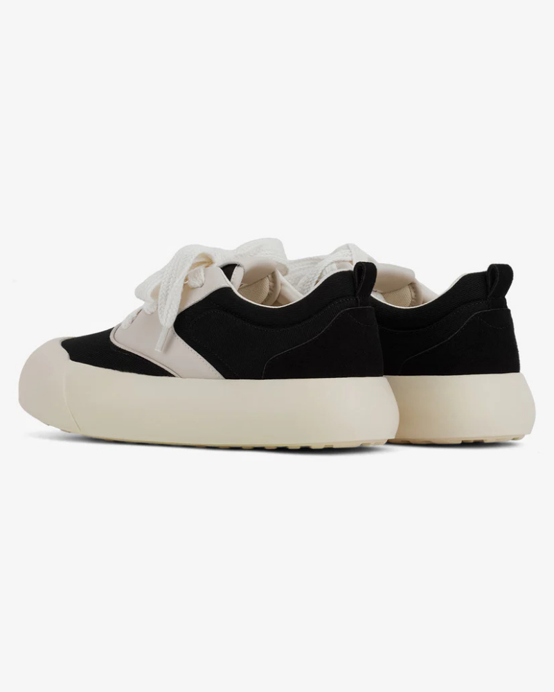 Black and Cream Chunky Low-Top Sneakers with Bulbous Toe and Wide Laces