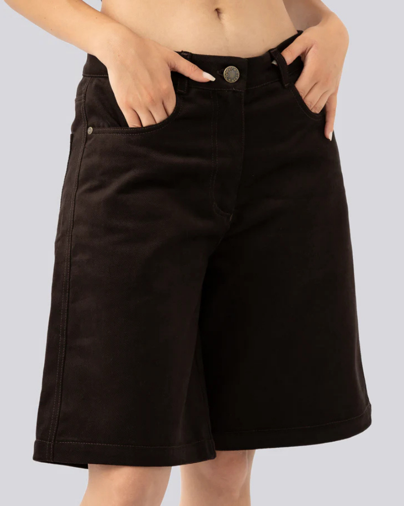 Unisex Dark Brown Baggy Denim Shorts with 5-Pocket Styling