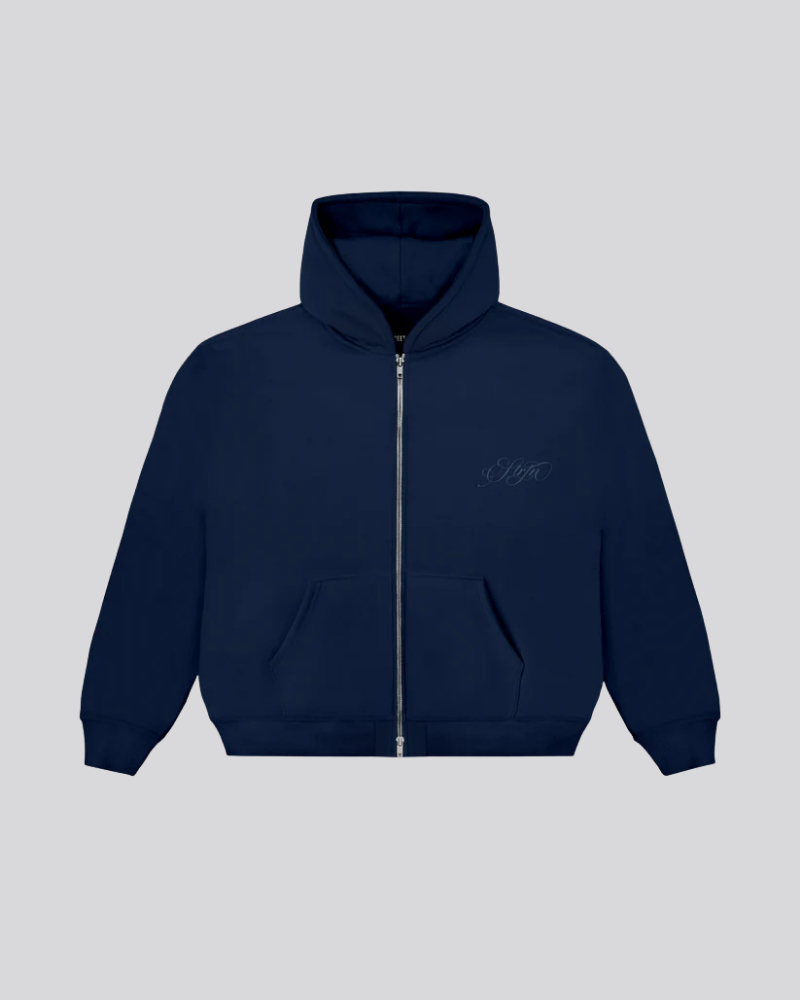 Navy Blue Raglan Sleeve Full-Zip Hoodie with Chest