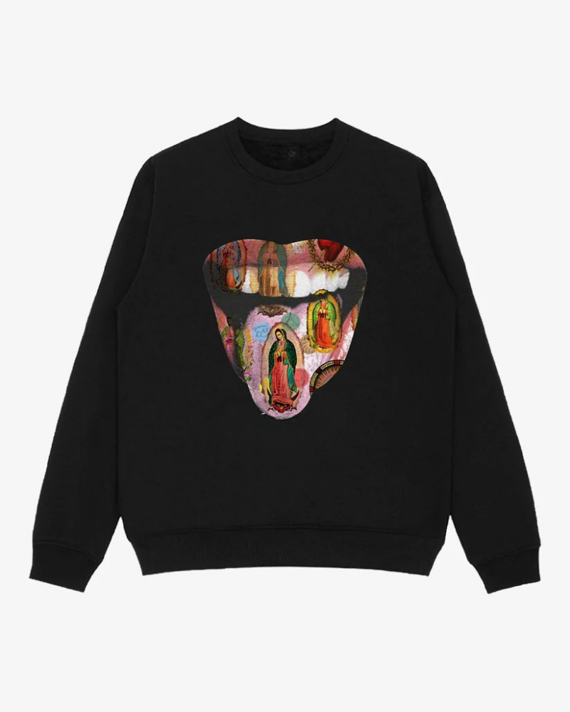 Charcoal Waffle Knit Crewneck Sweatshirt with Vintage Emblem Graphic