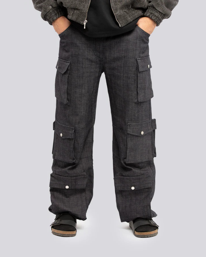 Dark Gray Denim Combat Cargo Pants with Elastic Waist and Multi-Pocket Design