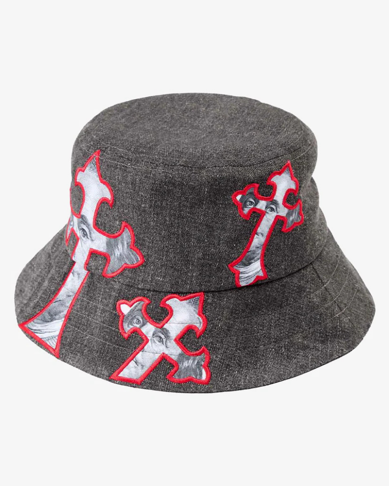 Denim Bucket Hat with Cross Applique and Portrait Detail