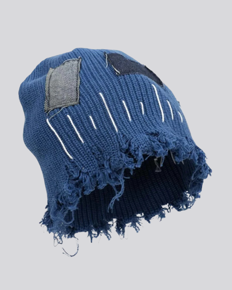 Distressed Ribbed Knit Beanie with Denim Patchwork and Exposed Stitching