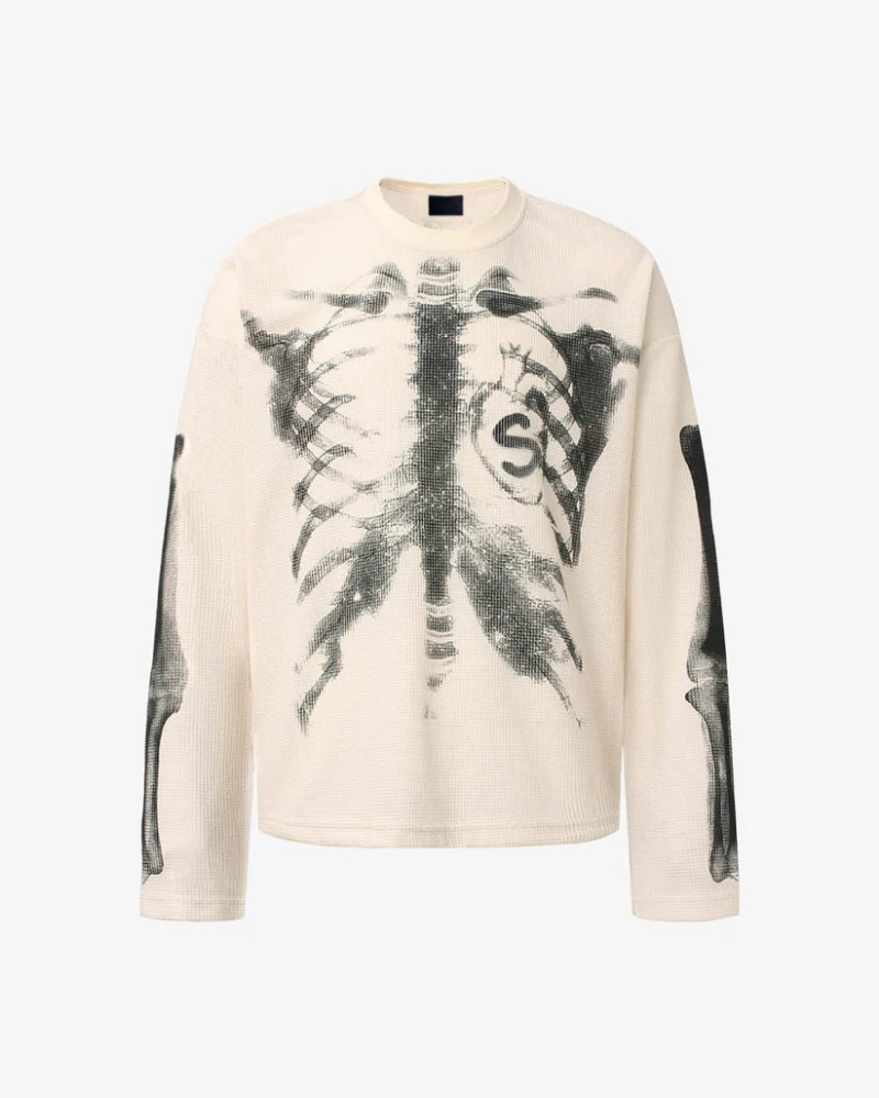 Beige Waffle Knit Long-Sleeve Sweater with Skeleton Ribcage Graphic