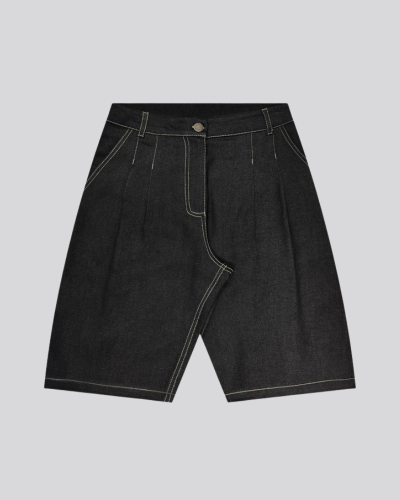 Black Straight-Leg Denim Shorts with Front Pleats and Contrast Stitching