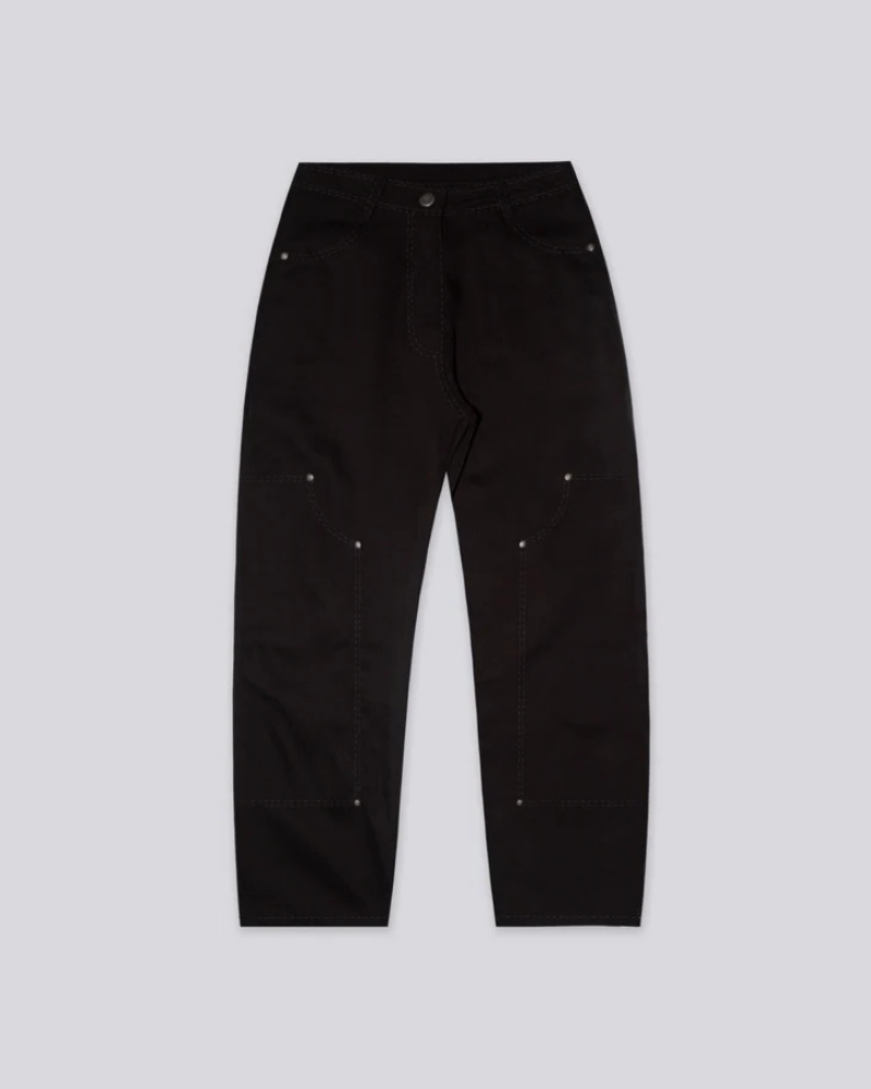 Black Straight-Leg Carpenter Pants with Contrast Stitching and Rivet Details