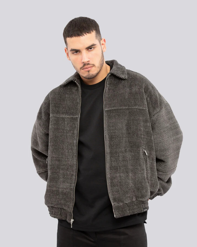 Men's Charcoal Textured Zip-Up Jacket with Spread Collar