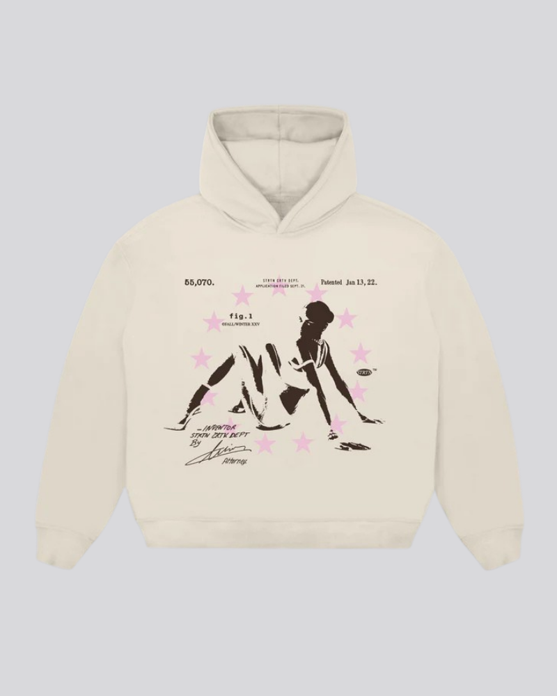 Cream Graphic Print Hoodie with Silhouette and Pink Stars Design