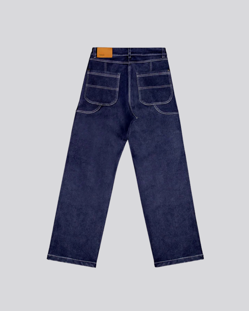 Heavyweight Dark Blue Denim Wide Leg Pants with Contrast Stitching and Zipper Pockets