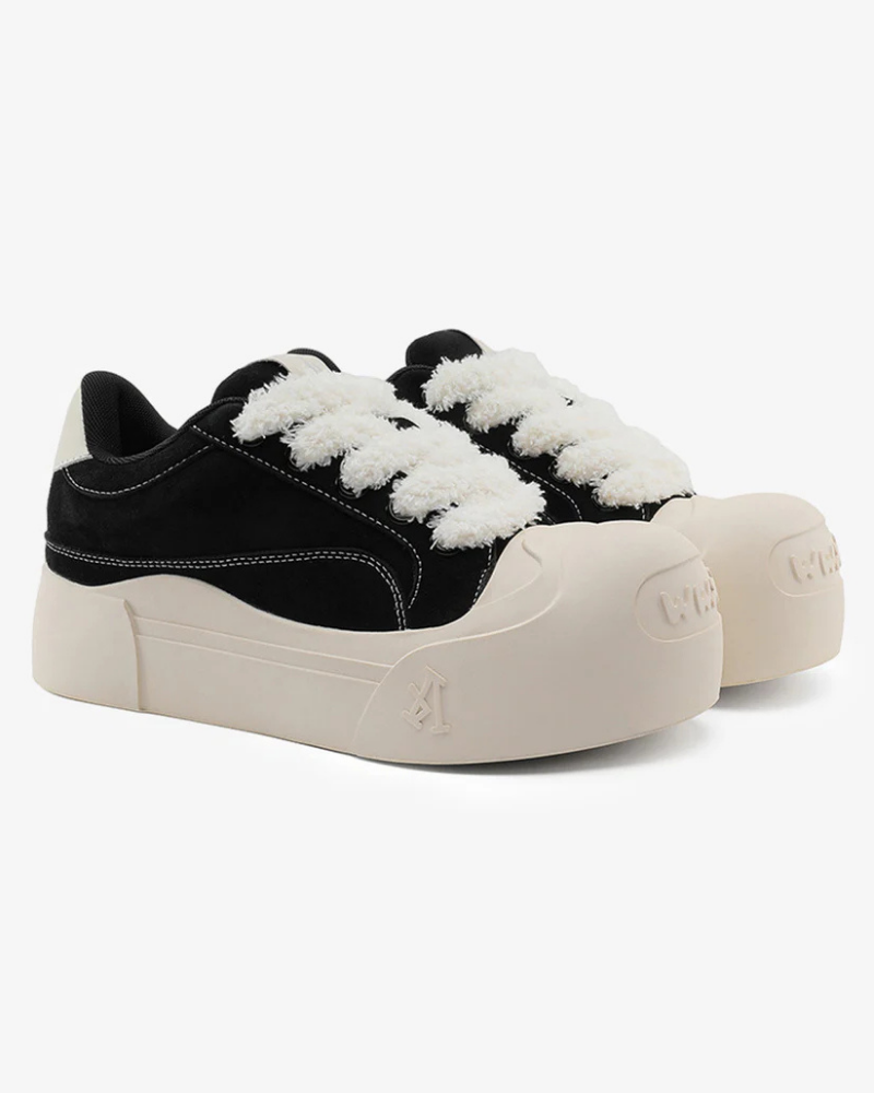 Black Suede-Textured Platform Sneakers with Exaggerated Bulbous Toe and Fluffy Laces