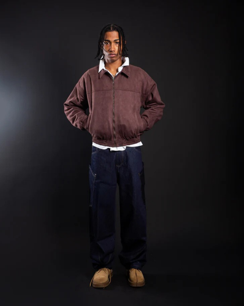 Brown Faux Suede Zip-Up Bomber Jacket with Elasticated Hem