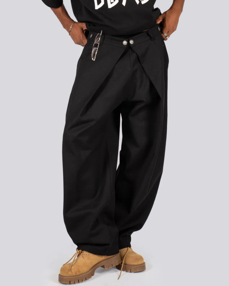 Black Wide-Leg Pleated Pants with Overlapping Waistband and Button Detail