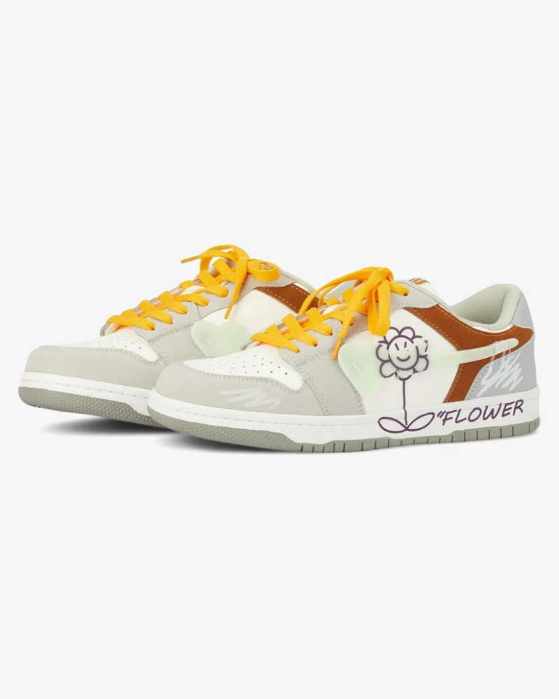 White and Grey Low-Top Sneakers with Purple Flower Graphic and Yellow Laces