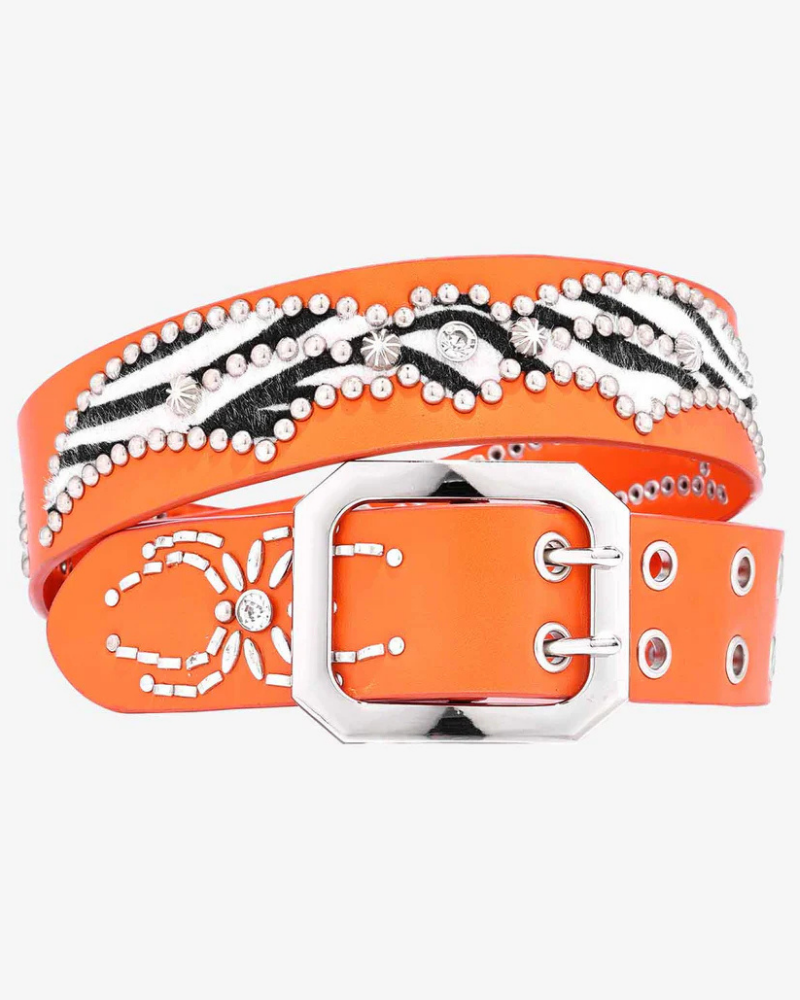 Orange Wide Belt with Zebra Print Panels and Crystal Spider Studs