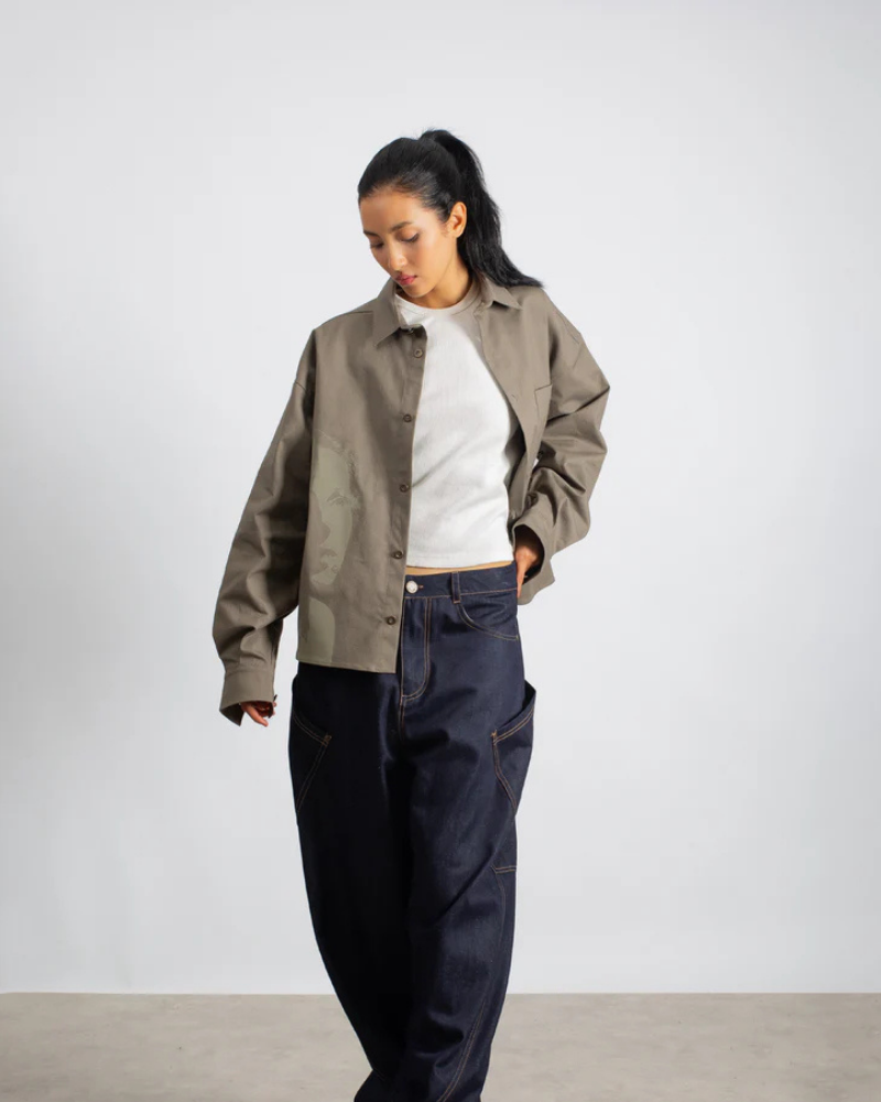 Oversized Long Sleeve Button-Up Shirt with Tonal Graphic Print - Taupe