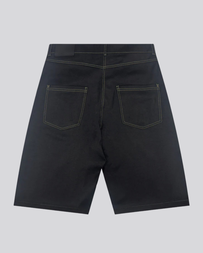 Black Straight-Leg Shorts with Contrast Yellow Stitching and Five-Pocket Design