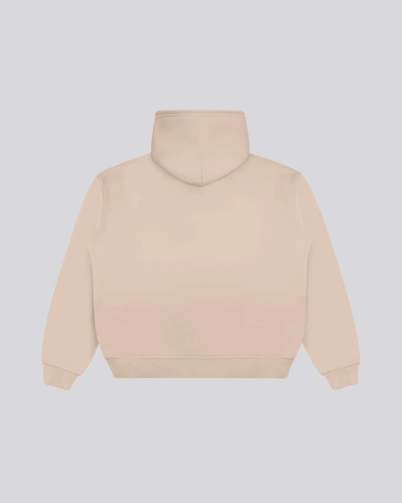 Beige Full-Zip Hooded Sweatshirt with Embroidered Chest Logo