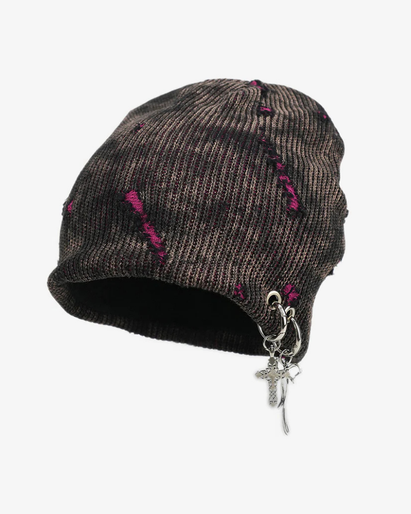 Distressed Knit Beanie with Metallic Charms and Contrast Details