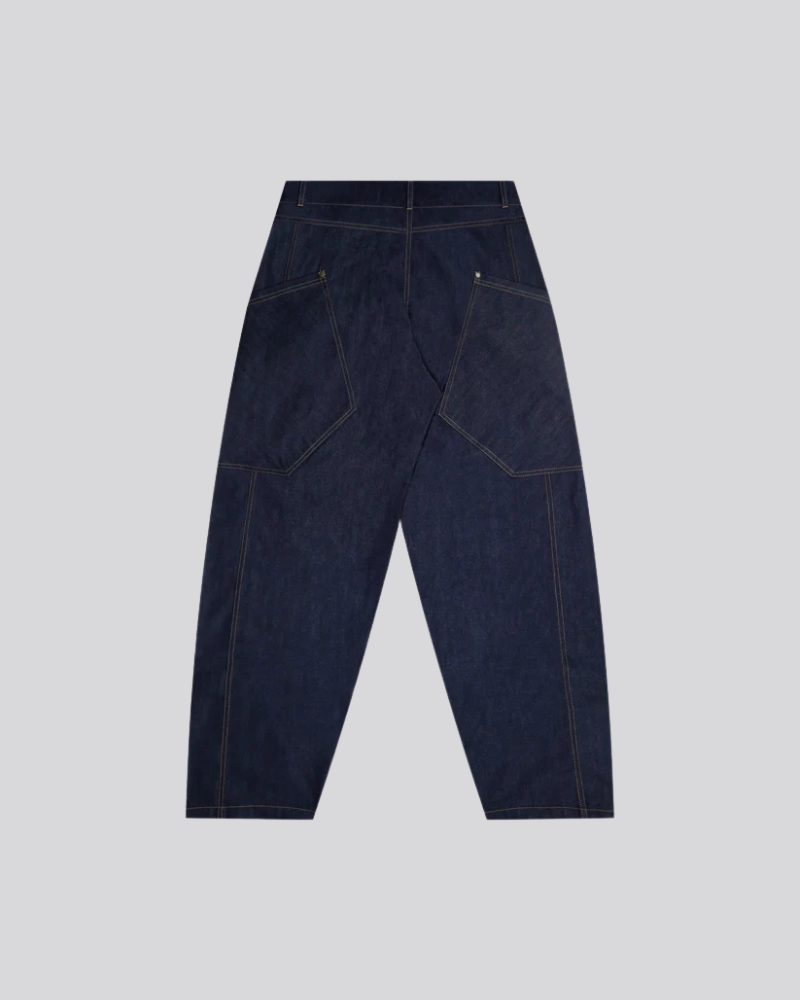 Baggy Raw Denim Pants - Dark Blue with Contrast Stitching and Oversized Pockets