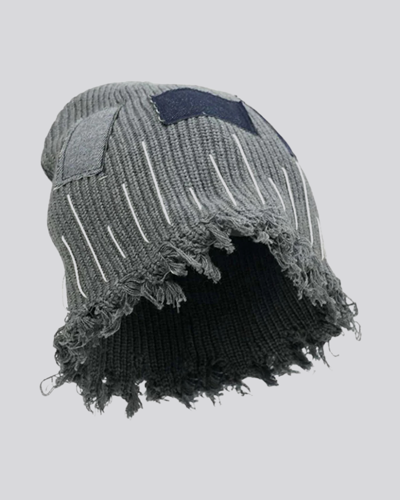 Distressed Ribbed Knit Beanie with Denim Patchwork and Exposed Stitching