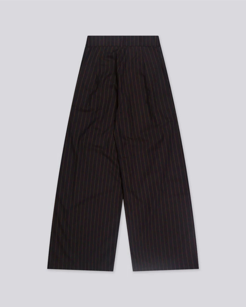 Mocha High-Waist Pleated Pinstripe Trousers with Straight-Leg Fit