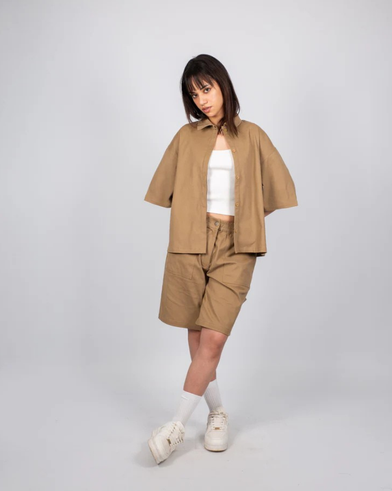 Heavyweight Short Sleeve Button-Up Overshirt with Back Embroidery - Tobacco