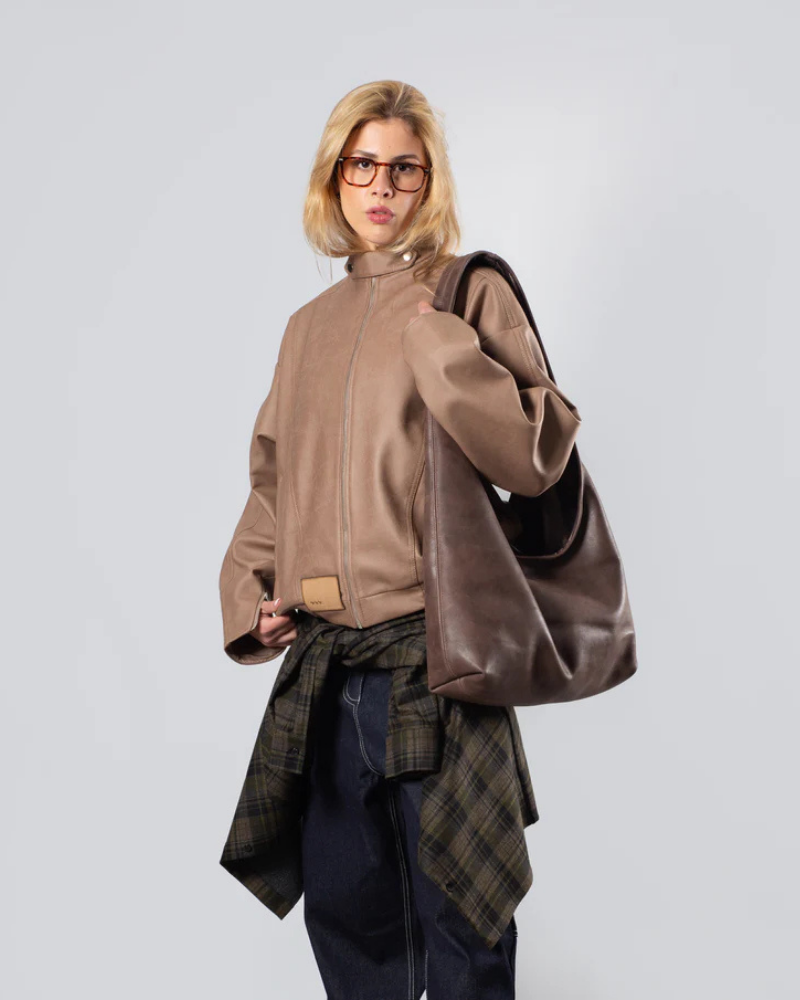 Women’s Cropped Vegan Leather Jacket with Pointed Collar – Tobacco