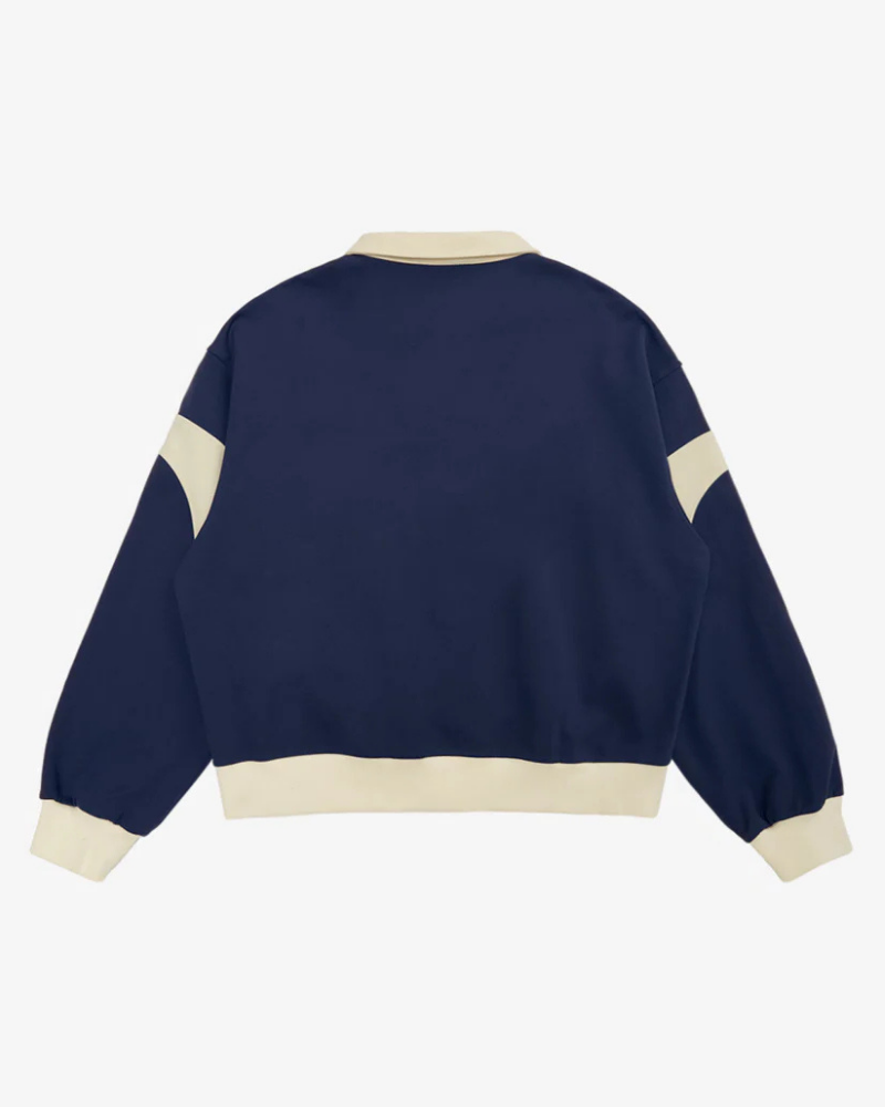 Navy Blue Quarter-Zip Sweatshirt with Collared Neckline and Car Graphic
