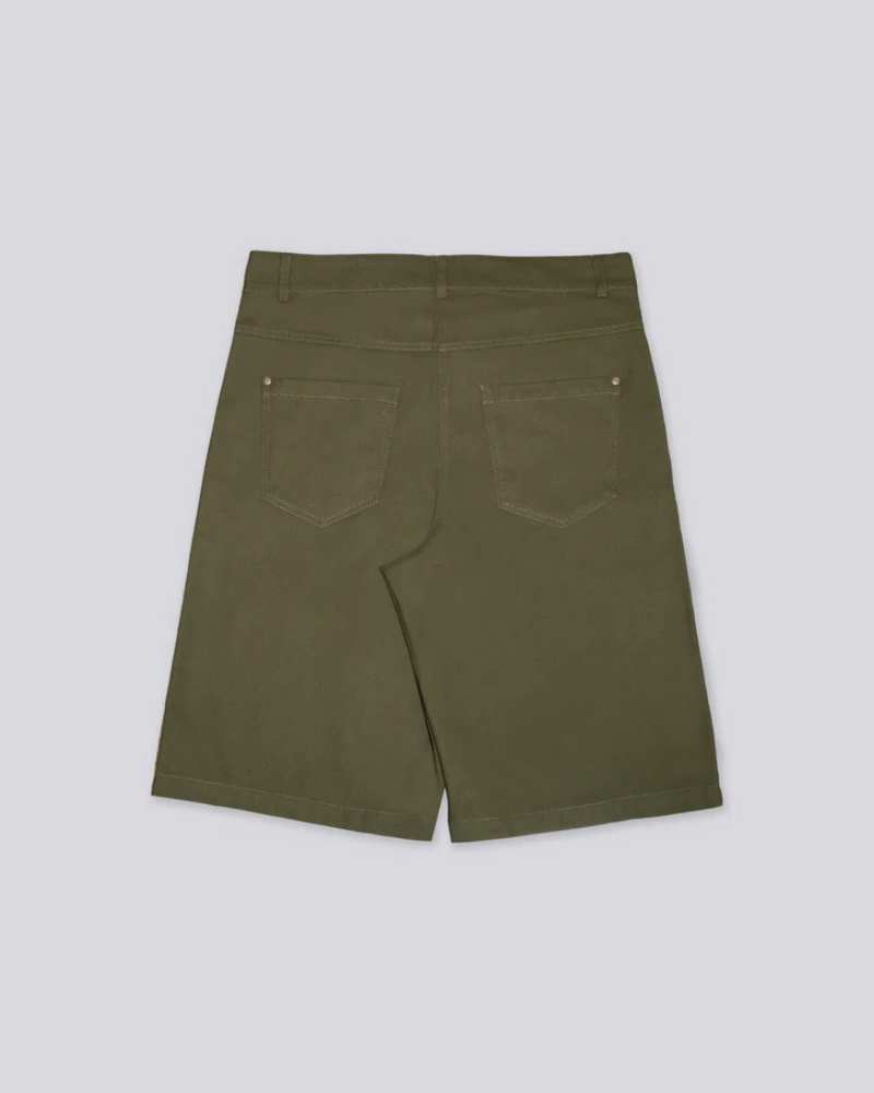 Olive Green Five-Pocket Shorts with Metal Rivet Details