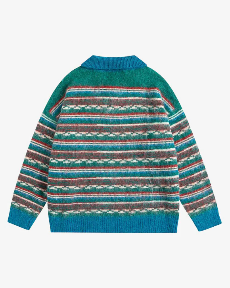 Blue and Cream Striped Jacquard Knit Polo Sweater