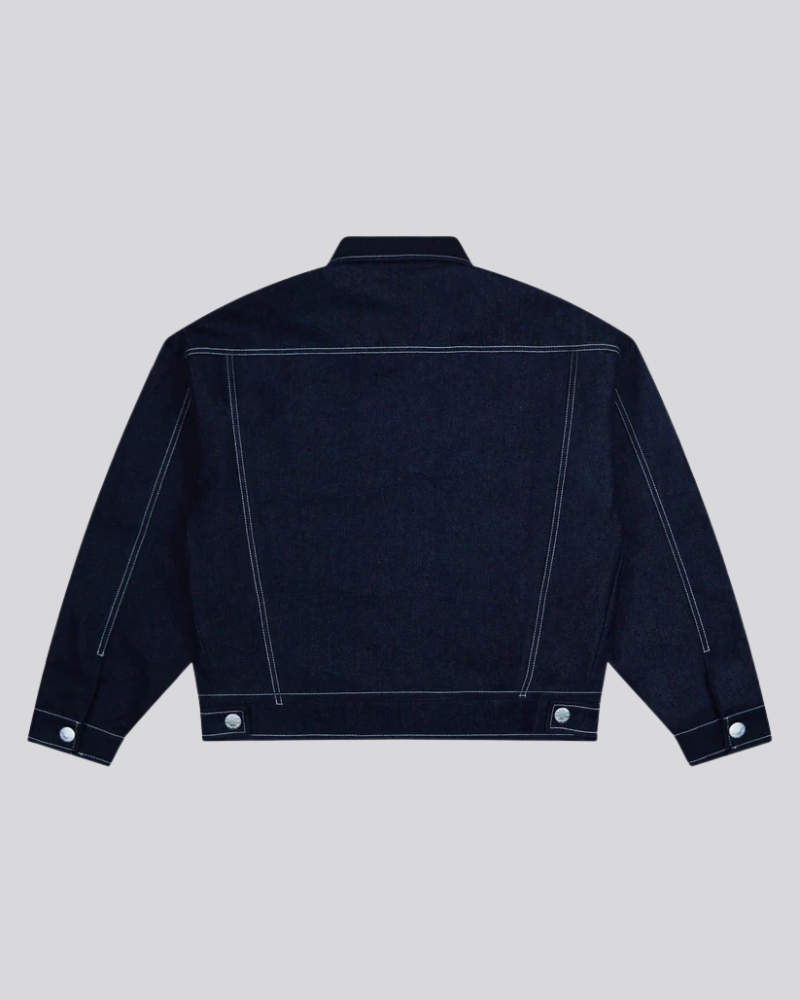 Raw Denim Trucker Jacket - Dark Blue with Contrast Stitching and Chest Pockets